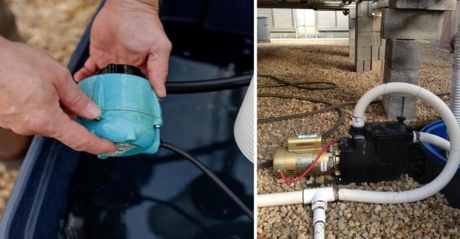 Figure 5. Examples of irrigation pumps. The left photo shows a submersible pump. The right photo shows pool-type centrifugal pump.