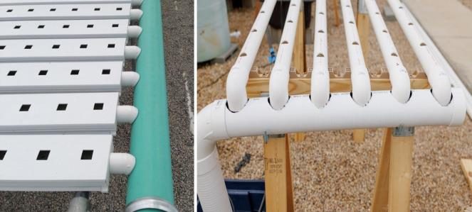 Figure 10. Two photos showing the nutrient collection system. Solution from the plant channels feed into a larger lighter drainage pipe to return the solution to the nutrient reservoir.