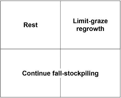 A square divided into four equal square sections. One section is marked with “rest”, one section is marked with “limit graze regrowth”, and the other two sections are marked with “continue fall stockpiling”.