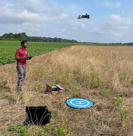 Figure 1. A student stands in a field holding a remote control and operating a drone in the air above a field of mature wheat. A drone landing pad is on the ground near him. The use of drones in agriculture has been growing for tasks such as crop monitoring, spraying, and surveying.