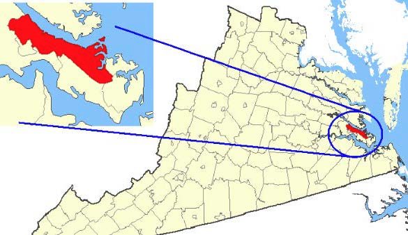 A picture of the map of virginia with the margin of the Chesepeake Bay and it has a blow up in the corner of the highlighting York County