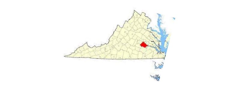 Map of Virginia, with Chesterfield county highlighted in red.