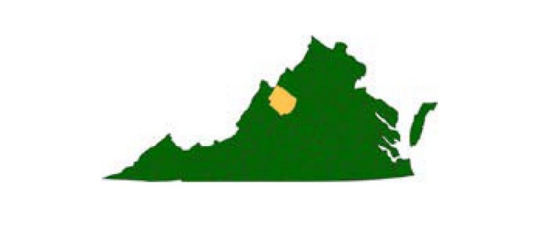 Map of Virginia, with Augusta County highlighted yellow.